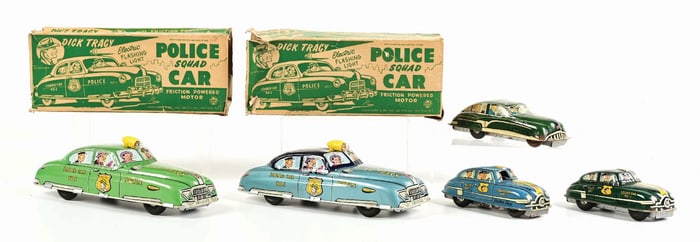 LOT OF 5: VARIOUS MARX TIN LITHO FRICTION & BATTERY-OPERATED DICK TRACY VEHICLE TOYS