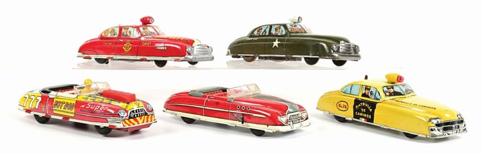 LOT OF 5 : TIN LITHO BATTERY-OPERATED & WIND-UP MARX VEHICLE TOYS