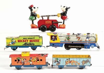 LOT OF 5: WALT DISNEY LIONEL MICKEY & MINNIE MOUSE HAND CAR & MARX MICKEY MOUSE METEOR TRAIN SET