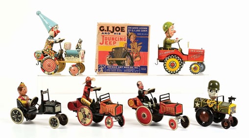 LOT OF 6: MARX & UNIQUE ART TIN LITHO WIND-UP WHOOPEE CAR TOYS