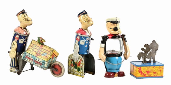 LOT OF 4: VARIOUS MAKER TIN LITHO WIND-UP & BATTERY-OPERATED POPEYE TOYS