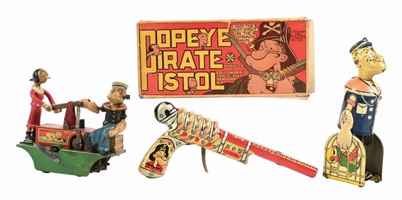LOT OF 3: MARX TIN LITHO & RUBBER POPEYE TOYS
