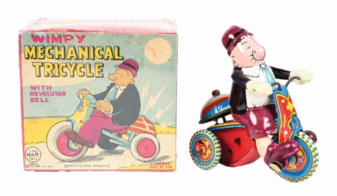 TIN LITHO & CELLULOID LINE MARX WIMPY MECHANICAL TRICYCLE W/ ORIGINAL BOX
