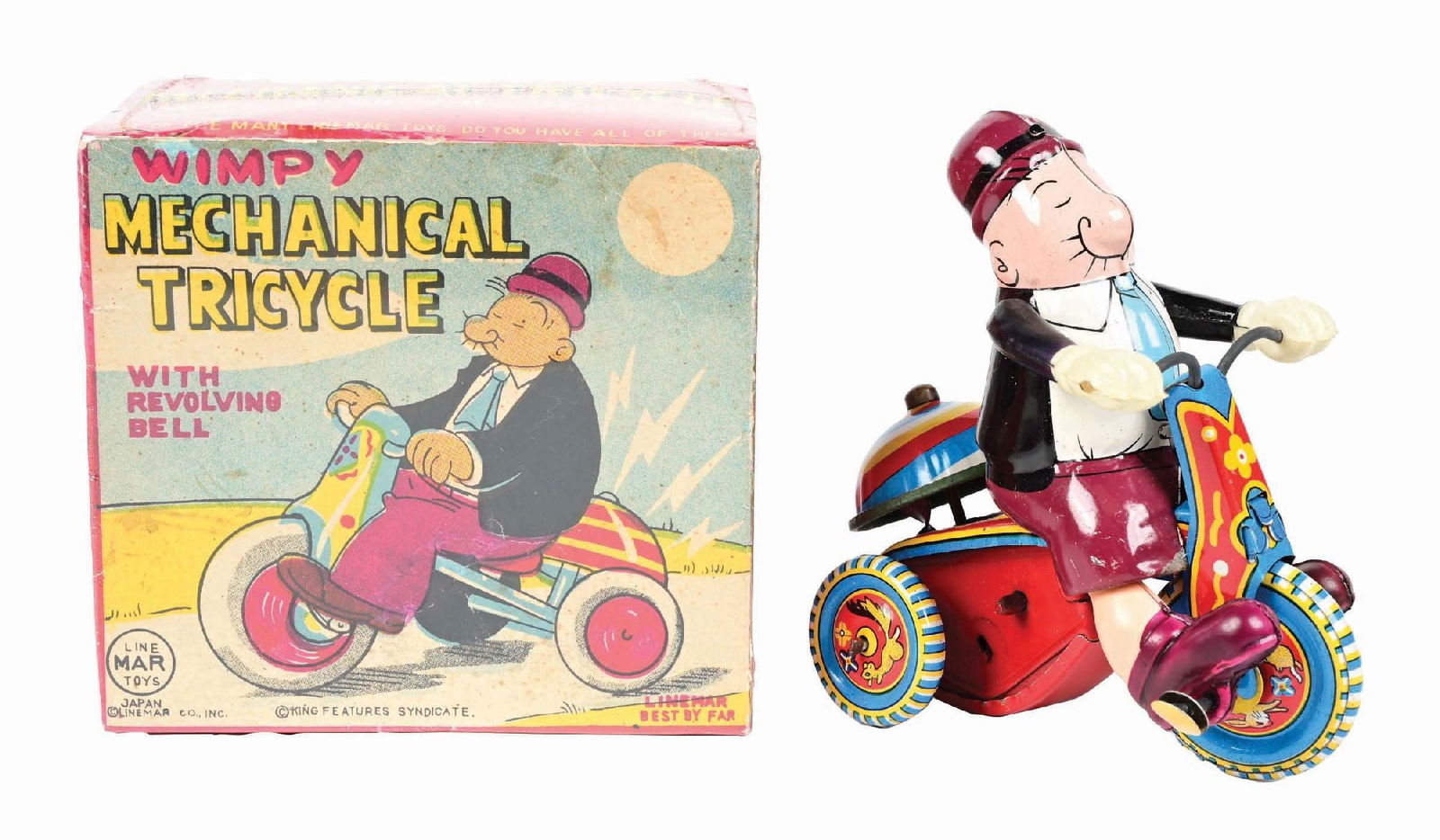 TIN LITHO & CELLULOID LINE MARX WIMPY MECHANICAL TRICYCLE W/ ORIGINAL BOX (1 of 3)