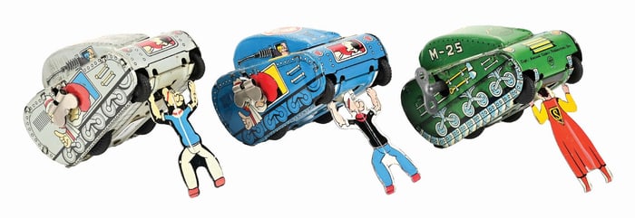 LOT OF 3: TIN LITHO WIND-UP LINEMAR POPEYE AND SUPERMAN CHARACTER TANKS