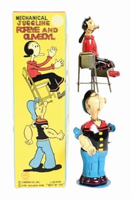 LINEMAR TIN LITHO JUGGLING POPEYE & OLIVE OYL TOY W/ BOX
