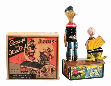 MARX POPEYE AND OLIVE OYL ROOF JIGGERS W/ ORIGINAL BOX