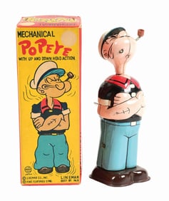 LINEMAR TIN LITHO WIND-UP POP EYE WITH UP AND DOWN HEAD IN ORIGINAL BOX