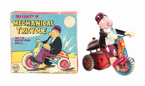 LINEMAR TIN LITHO & CELLLOID WIMPY MECHANICAL TRICYCLE TOY