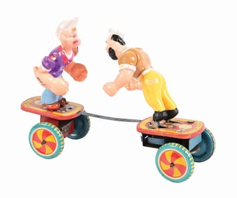 LINEMAR TIN LITHO & CELLULOID WIND-UP POPEYE & MEAN MAN FIGHTING TOY