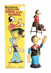 LINEMAR TIN LITHO WIND-UP JUGGLING POPEYE & OLIVE OYL TOY