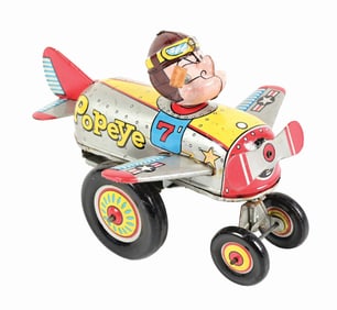 SCARCE LINEMAR TIN LITHO WIND-UP POPEYE AIRPLANE TOY