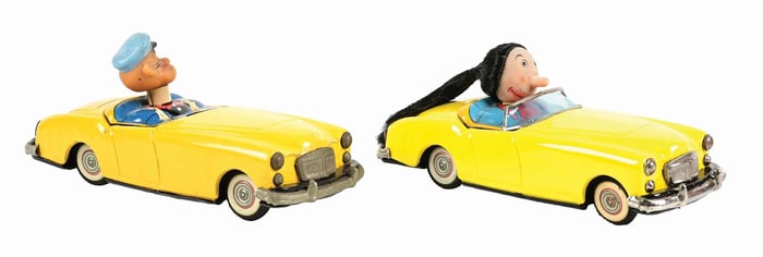 LOT OF 2: LINEMAR TIN LITHO FRICTION POPEYE & OLIVE OYL AUTOMOBILES
