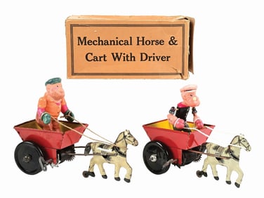 LOT OF 2: MARX TIN LITHO & CELLULOID WIND-UP POPEYE & BRUTUS HORSE CART TOYS