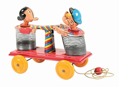 LINEMAR POPEYE & OLIVE OYL TIN LITHO SLINKY HAND CAR TOY