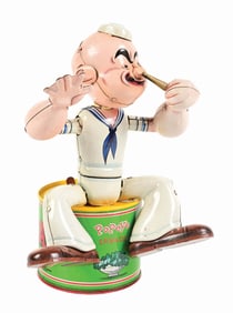 LINEMAR TIN LITHO BATTERY-OPERATED POPEYE ON SPINACH CAN TOY