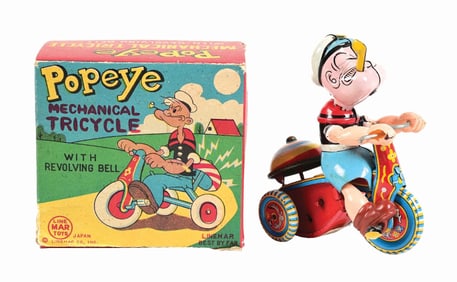 LINEMAR TIN LITHO & CELLULOID WIND-UP POPEYE ON TRICYCLE TOY