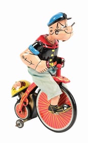LINEMAR TIN LITHO WIND-UP POPEYE ON HI-WHEEL BIKE TOY