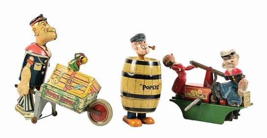 LOT OF 3: AMERICAN-MADE TIN LITHO WIND-UP POPEYE TOYS