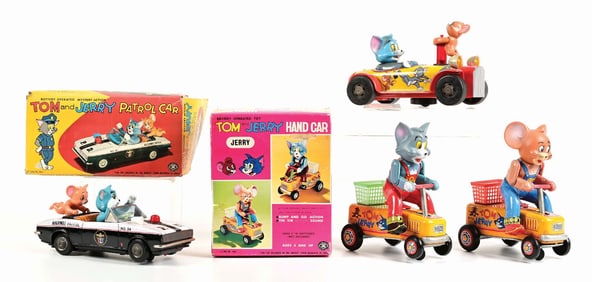 LOT OF 4: JAPANESE TIN LITHO & VINYL TOM & JERRY TOYS
