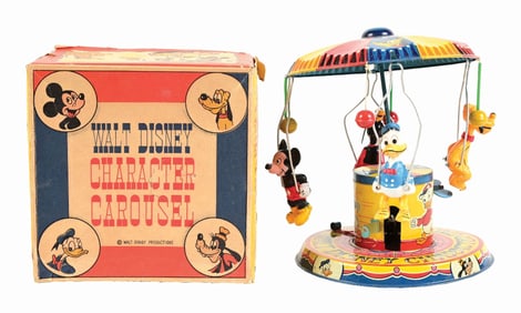 LINEMAR WALT DISNEY TIN LITHO & CELLULOID WIND-UP CHARACTER CAROUSEL