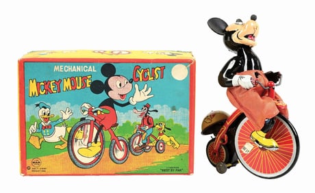 LINEMAR WALT DISNEY MICKEY MOUSE ON HIGH-WHEEL BIKE IN ORIGINAL BOX