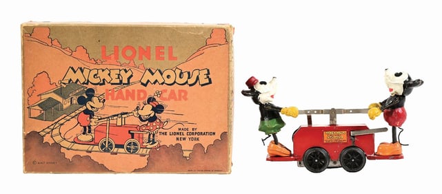 PRE-WAR WALT DISNEY LIONEL MICKEY & MINNIE MOUSE HAND CAR IN ORIGINAL BOX