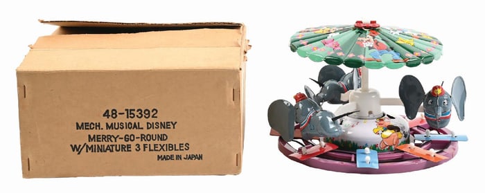 LINEMAR TIN LITHO DUMBO MECHANICAL MUSICAL MERRY-GO-ROUND TOY WITH ORIGINAL BOX