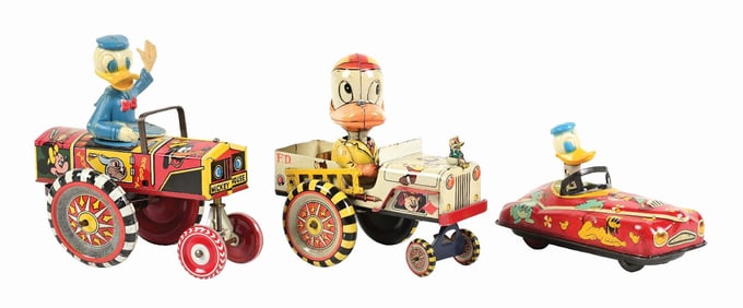 LOT OF 3: MARX & LINEMAR WALT DISNEY DONALD DUCK VEHICLE TOYS