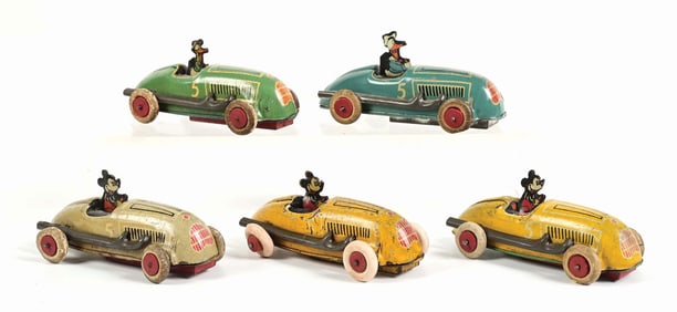 LOT OF 5: AUTOMATIC TOY WORKS WALT DISNEY MICKEY MOUSE & DONALD DUCK TIN LITHO WIND-UP AUTOMOBILE
