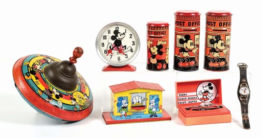 LOT OF 8: VARIOUS MICKEY MOUSE TIN LITHO TOYS & WATCHES