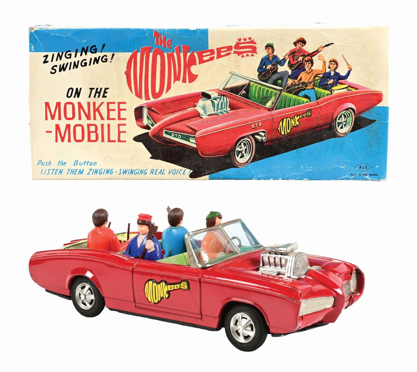 JAPANESE BATTERY-OPERATED MONKEES MOBILE: Original box with Styrofoam insert. Figures have all original instruments. Some scratching and wear to outside of battery box, but battery box itself is clean. Made by ASC Japan. Box has some creasing