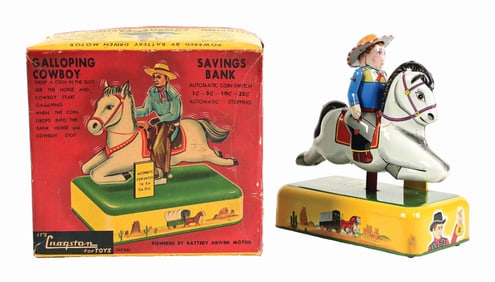 JAPENESE BATTERY-OPERATED GALLOPING COWBOY SAVINGS BANK TOY