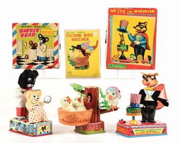 LOT OF 3: JAPANESE BATTERY-OPERATED TIN LITHO & FUR-COVERED ANIMAL-THEMED TOYS