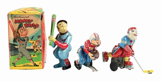 LOT OF 3: JAPANESE TIN LITHO WIND-UP SPORTS RELATED TOYS
