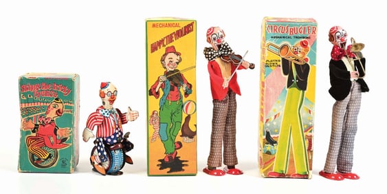 LOT OF 3: JAPANESE TPS WIND-UP CLOWN TOYS IN THE ORIGINAL BOXES
