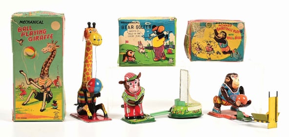 LOT OF 3: JAPANESE TPS TIN LITHO WIND-UP ANIMAL TOYS IN ORIGINAL BOXES