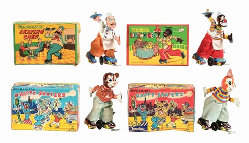 LOT OF 4: JAPANESE TPS TIN LITHO WIND-UP SKATING TOYS, ALL IN BOXES