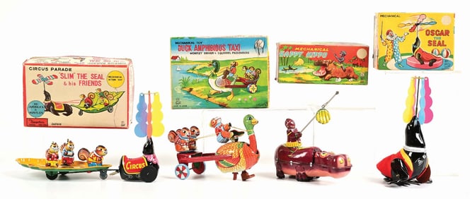 LOT OF 4: JAPANESE TPS TIN LITHO WIND-UP ANIMAL-THEMED TOYS IN ORIGINAL BOXES