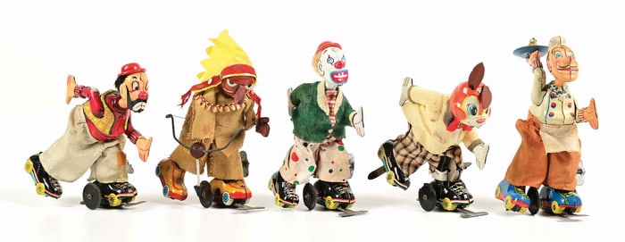 LOT OF 5: JAPANESE TPS WIND-UP SKATING TOYS
