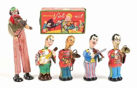 LOT OF 5: JAPANESE TPS TIN LITHO WIND-UP MUSICIAN TOYS