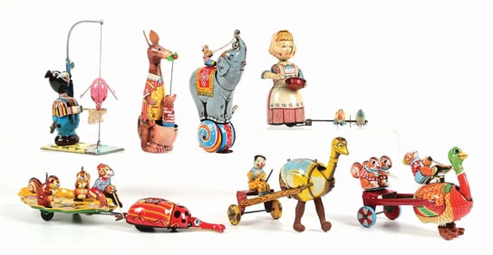 LOT OF 7: JAPANESE TIN LITHO WIND-UP TPS ANIMAL & HUMAN TOYS