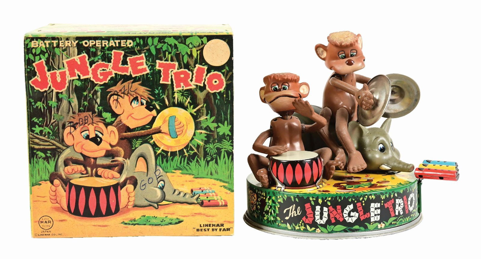 LINEMAR BATTERY-OPERATED TIN LITHO & VINYL JUNGLE TRIO TOY IN ORIGINAL BOX: Nice, colorful litho box. Toy has tin litho base with vinyl figures of monkeys and elephants. CONDITION: Includes scarce original whistle. Condition: (Excellent - Near Mint). Dimensions: 7" x 7 - 1/4"