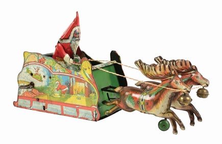 STRAUSS TIN LITHO WIND-UP SANTEE CLAUS PULLED BY 2 REINDEER TOY