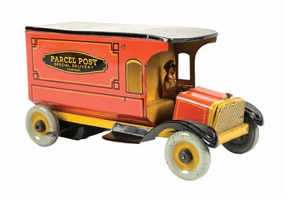 STRAUSS TIN LITHO WIND-UP PARCEL POST TOY TRUCK