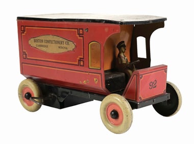 STRAUSS TIN LITHO WIND-UP BOSTON CONFECTIONARY CO. TOY TRUCK