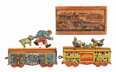 LOT OF 2: STRAUSS & UNIQUE ART TIN LITHO WIND UP RAIL CAR TOYS