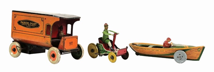 LOT OF 3: STRAUSS TIN LITHO WIND-UP VEHICLE TOYS
