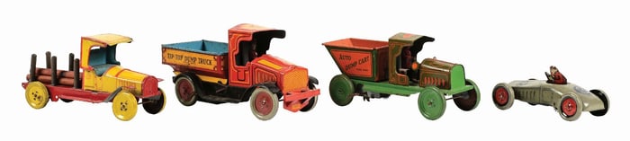 LOT OF 4: CHEIN & STRAUSS TIN LITHO WIND-UP TOY TRUCKS