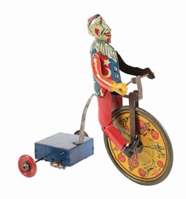VERY EARLY MARX TIN LITHO WIND-UP CLOWN ON HI-WHEEL BIKE TOY